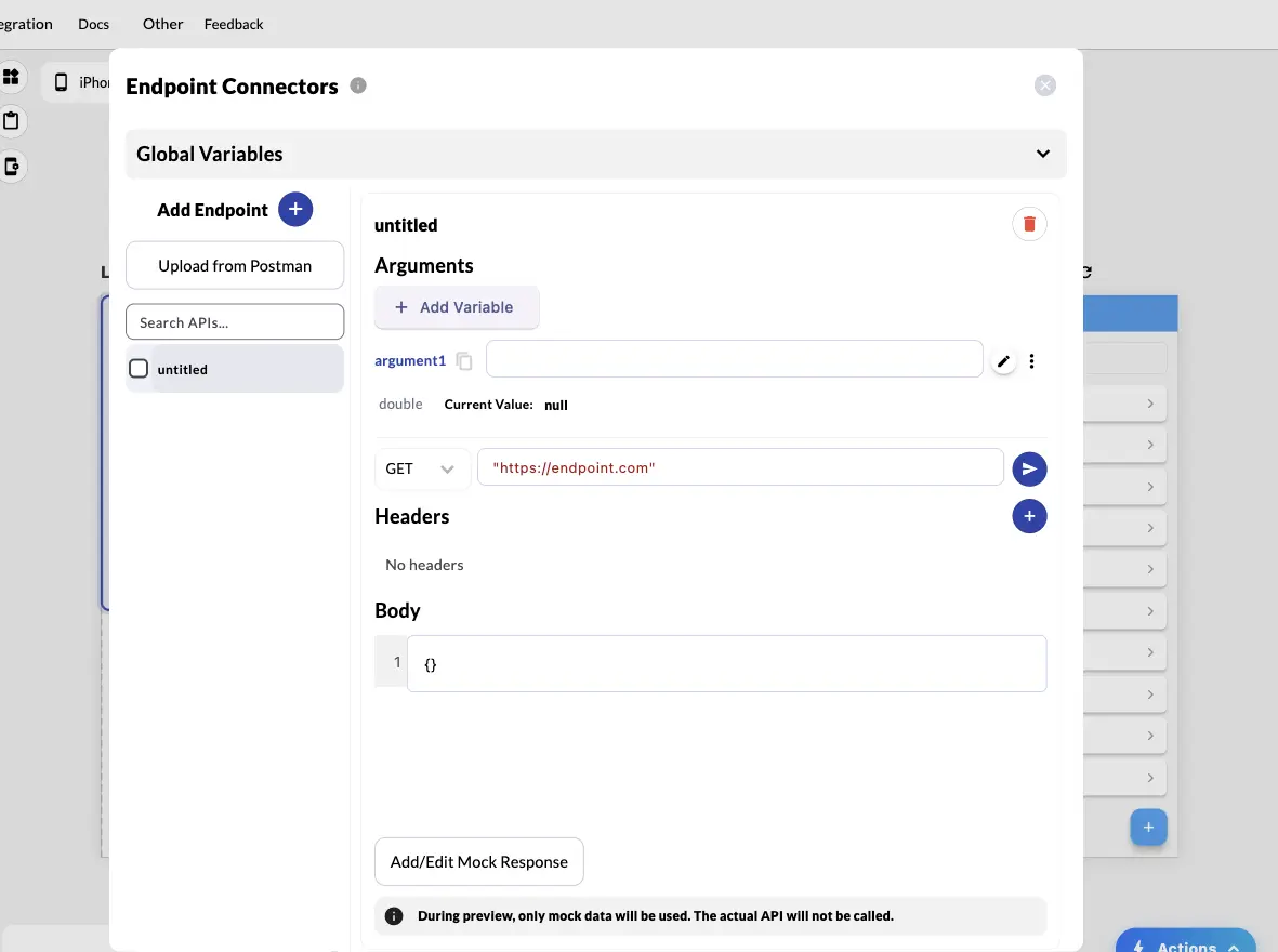 FlutterPilot Endpoint Connectors panel with Postman upload, arguments, request method, URL, headers, body, and mock response