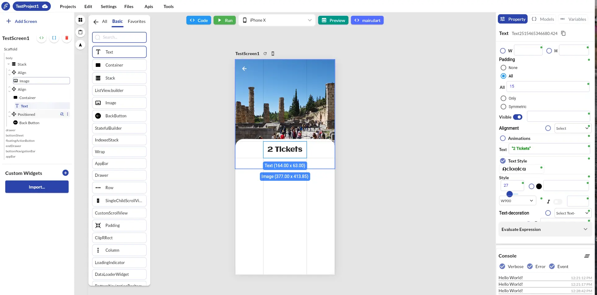 FlutterPilot Studio editor with a widget tree, widget palette, phone canvas, and property panel