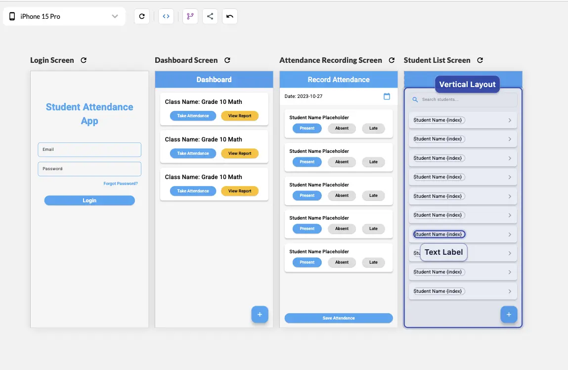 Login, dashboard, attendance recording, and student list screens of a Flutter app on the FlutterPilot canvas